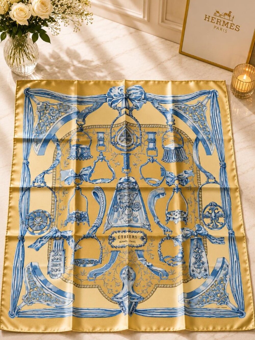 Authentic Hermès Étriers Carré 90 Silk Scarf Gold Blue Square Made in France